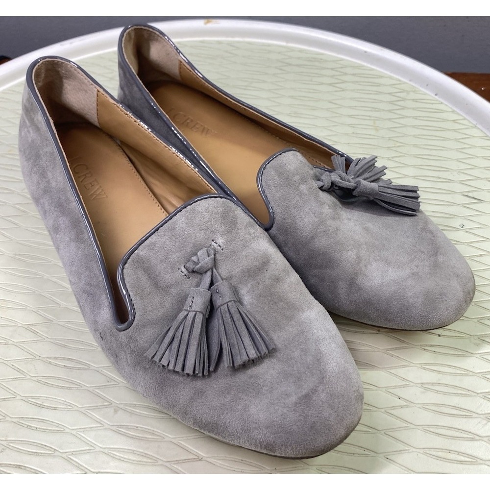 J. Crew Womens Light Gray Cora Suede Leather Dress shoes W/Tassel Loafer Sz.8